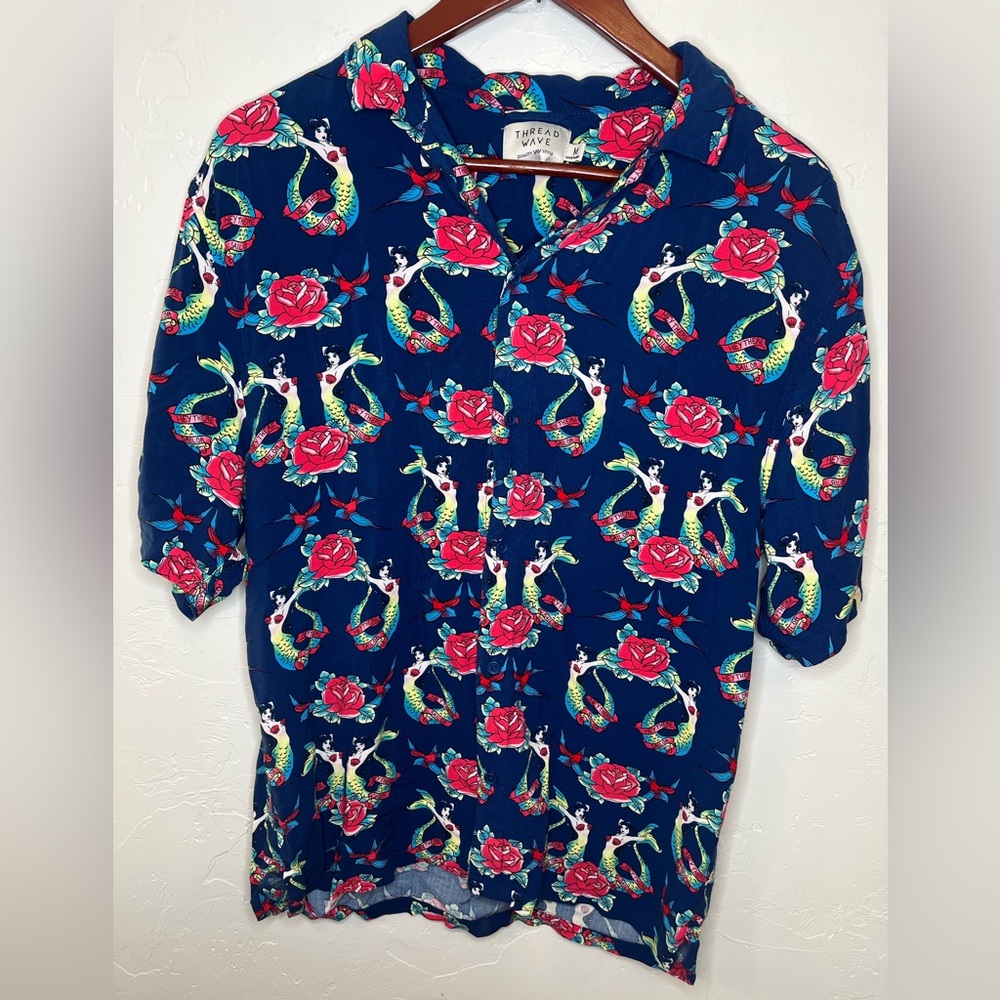Thread Wave‎ Hey There Sailor Shirt Mens Button Up Mermaid Pin Up Navy Medium